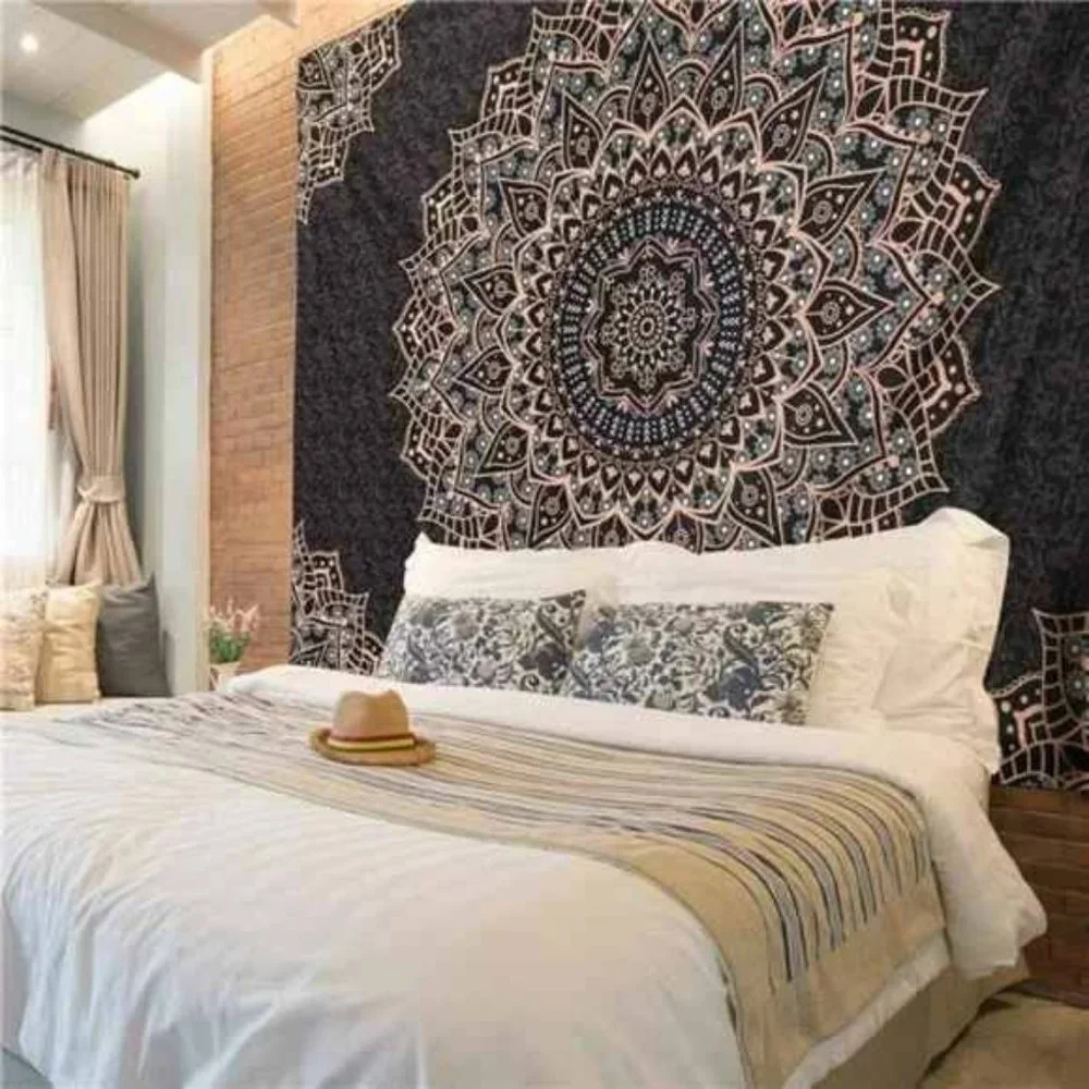 Black Mandala Tapestry WallHanging Psychedelic Aesthetic Indian Hippie WallDecor